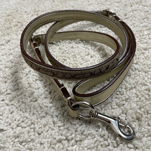 VINTAGE Y2k COACH Gold LEATHER Beige JACQUARD Pet DESIGNER Medium Dog LEASH